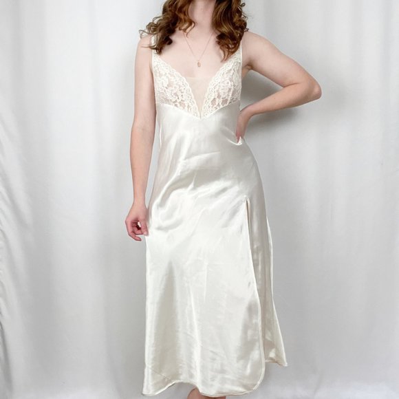 Vintage VS Gold Label Silky Lace Slip Dress Slit Sheer Bridal Wedding Midi Maxi - Picture 4 of 9